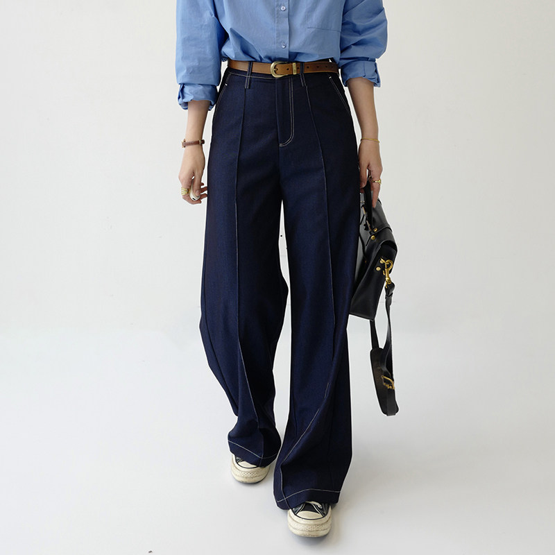 设计感明线窄版阔腿裤女2024春款高腰显瘦长款拖地仿牛仔裤子