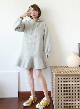 内搭配大衣打底裙秋冬韩版宽松连帽加厚抓绒女士卫衣裙连衣裙外套