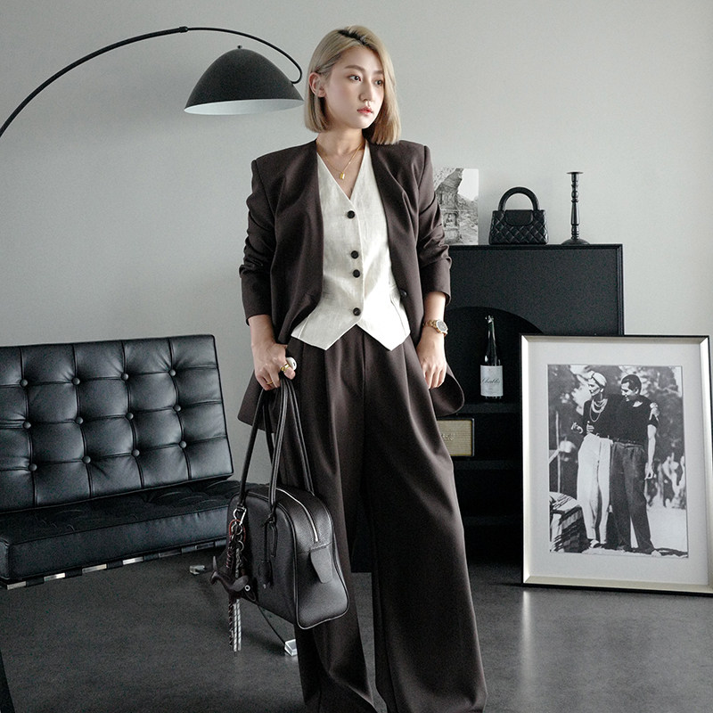 老钱风无领西装套装女通勤简约设计感小众后一粒扣垫肩西服外套