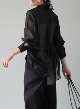 法式气质黑色宽松透视设计感夏季薄款空调长袖罩衫女防晒衬衫