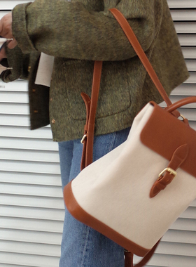 法式复古小众设计中古vintage高级感时尚通勤休闲真皮拼帆布双肩