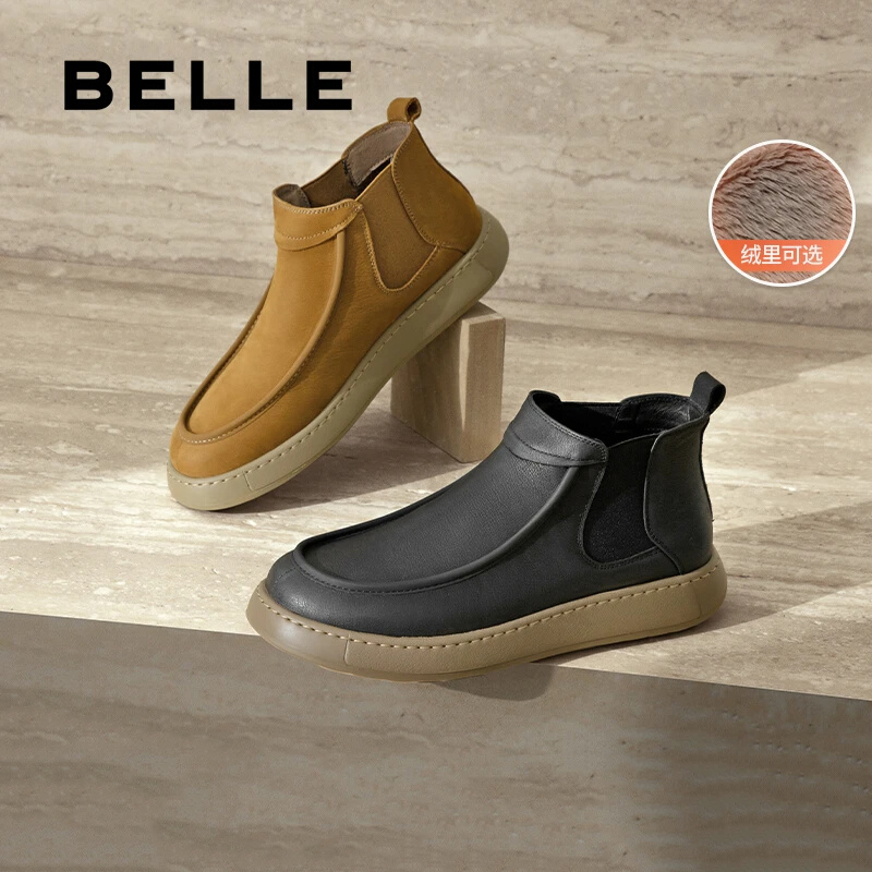 百丽高帮马丁靴加绒切尔西靴
