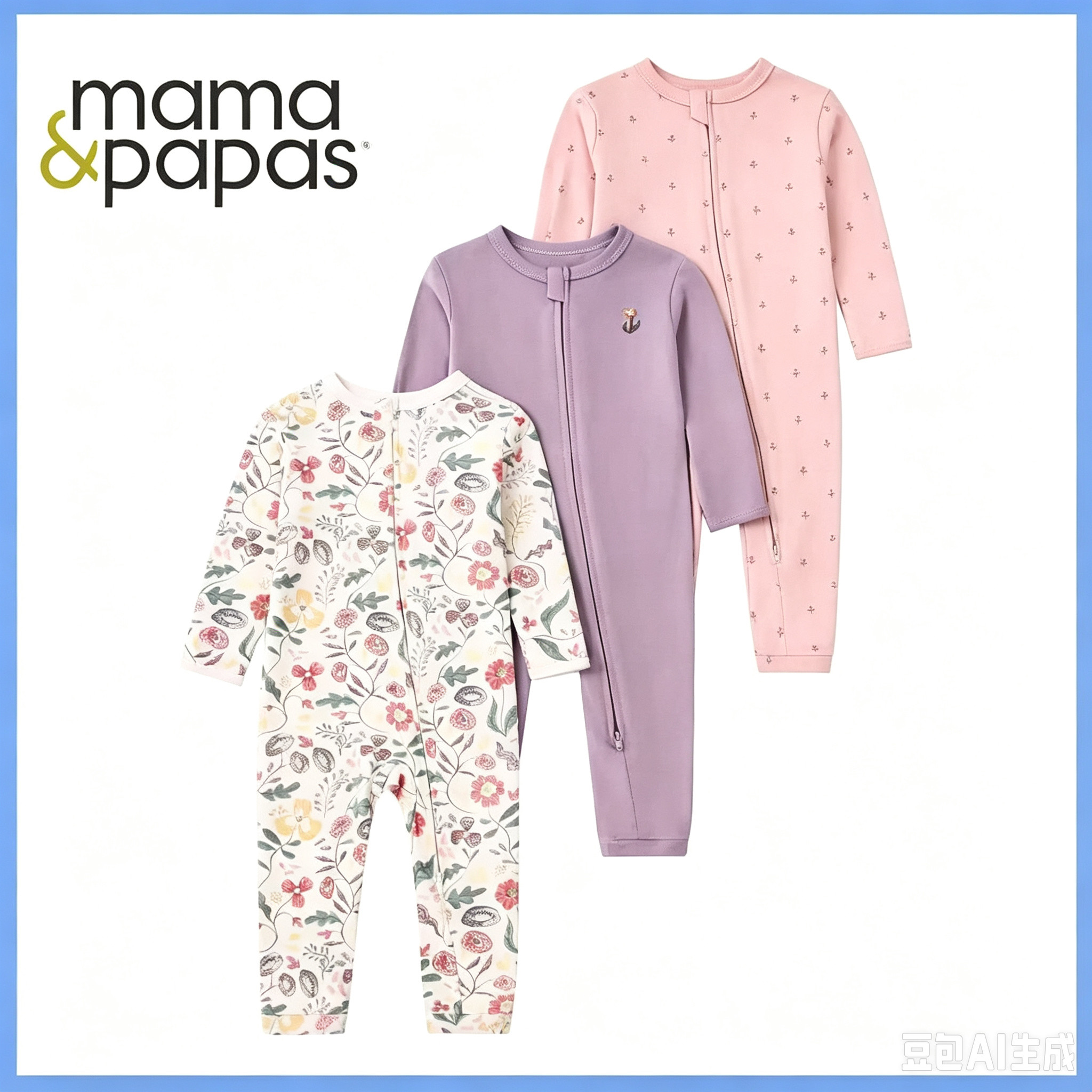 mamapapa春秋新款宝宝拉链连体衣纯棉bb衫婴儿长袖睡衣爬服礼盒装