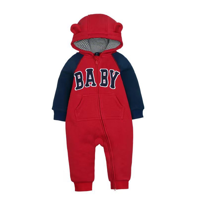 外贸baby婴儿双层连体衣秋冬保暖男女宝宝连帽卫衣外出爬服新年服