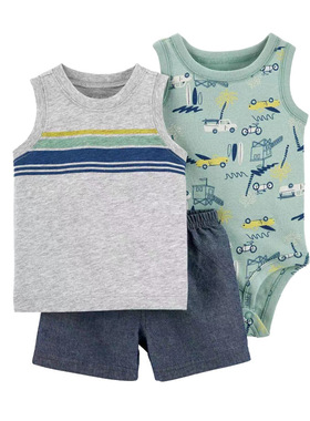 外贸卡特童装男宝宝T恤短裤哈衣纯棉薄款夏季婴儿短袖包屁衣3件套