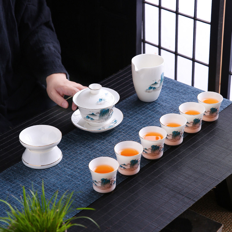 羊脂玉功夫茶具潮汕功夫茶具套装家用盖碗茶杯喝茶陶瓷礼品套装