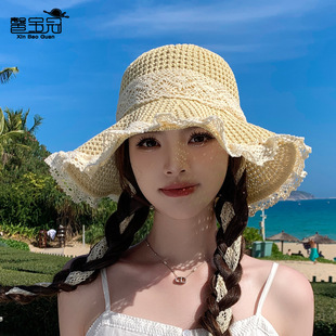 印logo夏季 蕾絲大檐草帽女士戶外出游百搭防曬 沙灘海邊太陽帽韓版