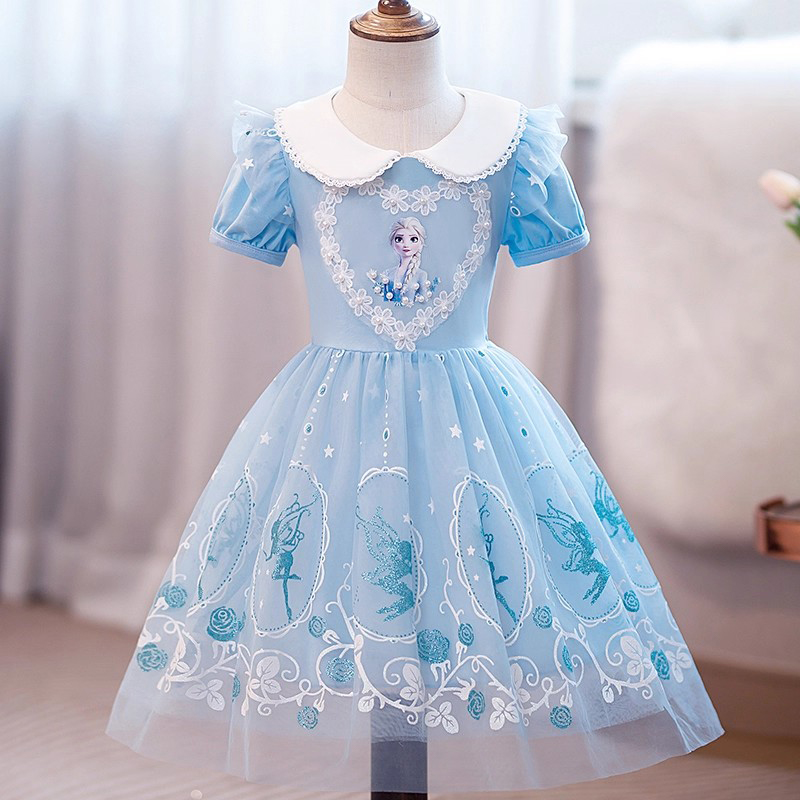 爱莎夏季纯棉公主裙冰雪奇缘艾莎女童短袖纱裙爱沙小女孩蓝色裙子