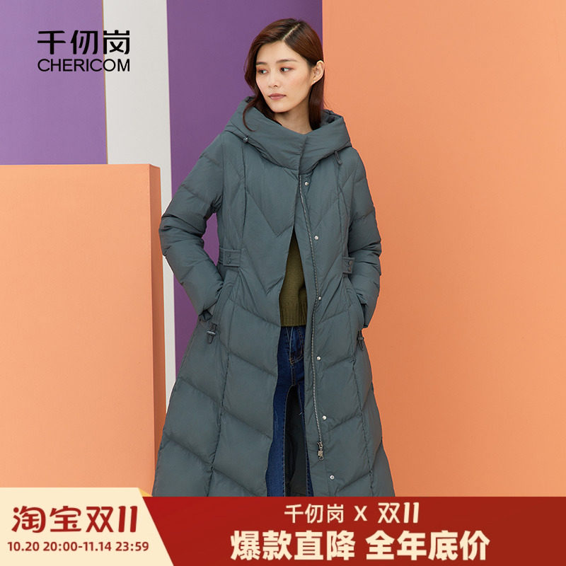千仞岗冬季女士过膝连帽长款收腰修身加厚羽绒服外套通勤百搭休闲