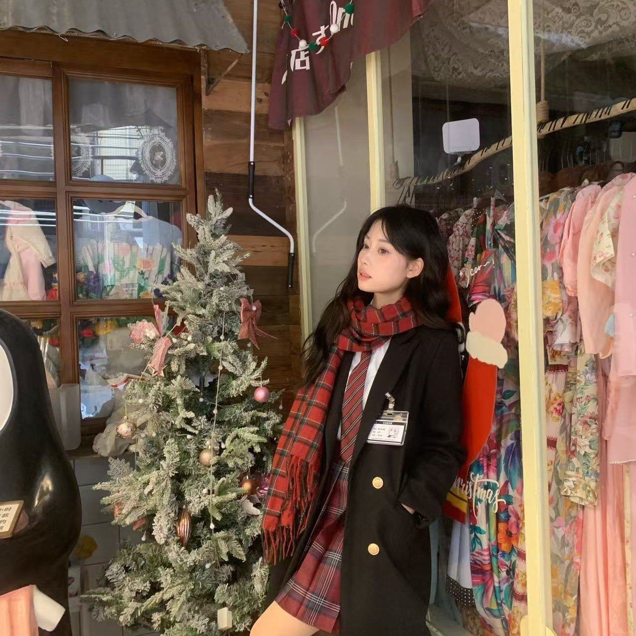 中长款夹棉呢子大衣女加厚夹棉秋冬学院风jk制服韩系抹胸时尚套装