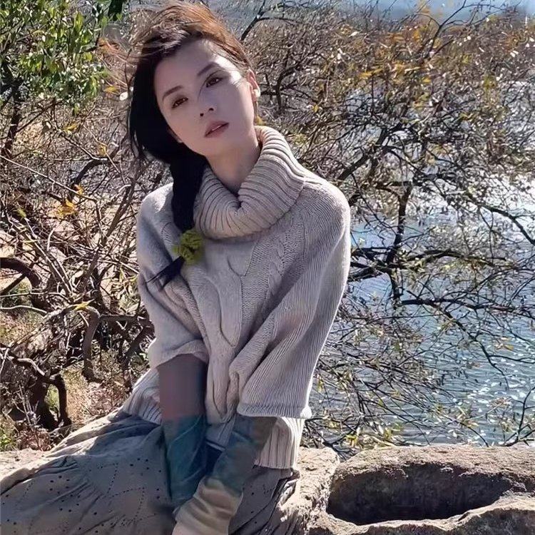 麻花套头斗篷毛衣女韩版春季新款慵懒高领设计感洋气百搭针织上衣