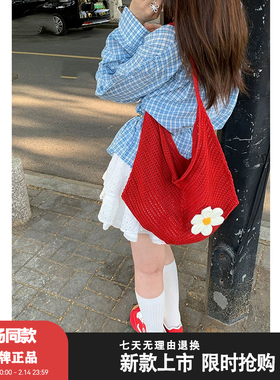 编织包包夏2025新款红色镂空针织包三亚泰国海边旅游托特包女