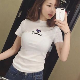修身 2024夏季 t恤女纯白色韩版 新款 显瘦印花紧身棉体恤 半高领短袖