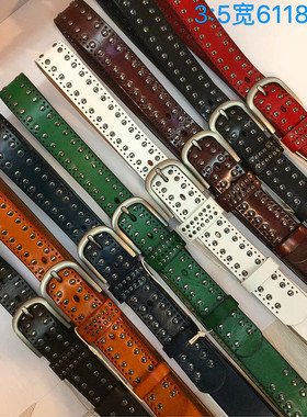头层牛皮皮带中青年时尚文艺打钉款腰带6118#3.5宽针扣裤带