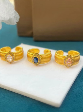 中古风沙金鸽子蛋戒指女复古设计感开口可调节食指戒仿黄金色指环