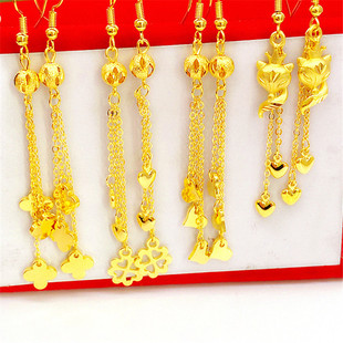 仿沙金四叶草耳环长款久不掉色 仿黄金24k色镀金饰品百搭耳线耳坠