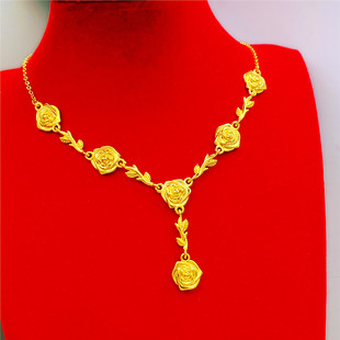 女士镀金项链浪漫复古玫瑰花套链仿黄金色花朵锁骨链仿真沙金饰品