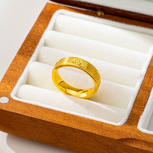 沙金米字花钻纹拉丝素圈戒指男女情侣闭口指环仿金饰品久不掉色