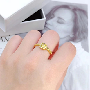 新款网红轻奢超闪小方糖镀金戒指女 仿黄金色沙金活口指环潮