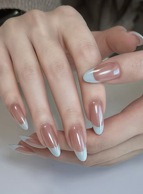 纯手工海莉美甲蓝色法式穿戴甲日常中短款2026新款高级感春天显白