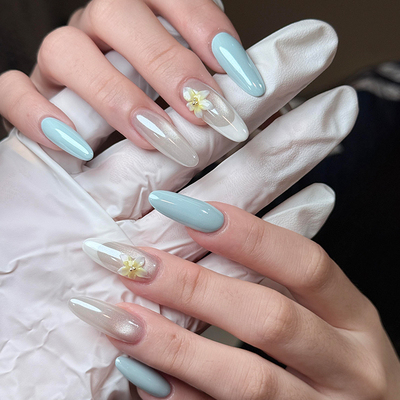 手工蓝色海莉法式雕花穿戴甲中长