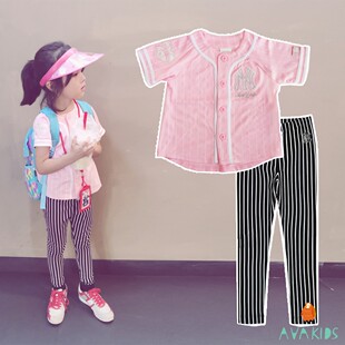 韩单儿童棒球服上衣训练服短袖T恤嘻哈打底裤女童洋基队开衫球衣