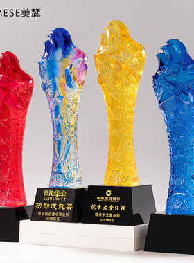 幻彩五星水晶奖杯定制迷彩爱心公益颁奖创意优秀企业奖杯制作年会