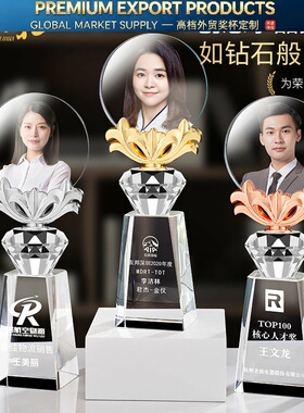水晶奖杯定制奖牌创意年会企业员工表彰团队销售冠军照片奖杯年会