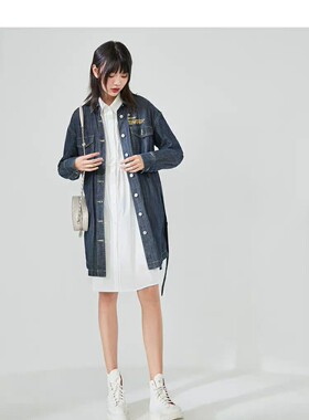 2021春轻熟收腰显瘦长袖街头女时尚休闲牛仔衬衫连衣裙A2FA91112