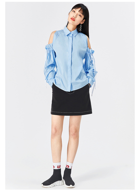 鸟家雪纺花边直筒长袖纯色通勤露肩衬衫女_系带上衣女AWCA7326256