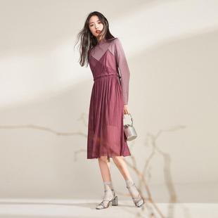 鸟家轻熟显瘦两件套连衣裙女长袖立领宽松腰百褶长裙女A1FA84522