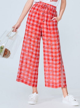 2023夏运动风红色格纹裤子A5GB82327阔腿裤高垂感休闲裤AWGB92C01