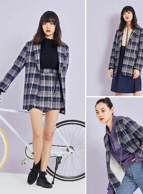 2021春秋蓝色格子西装外套女港味复古chic小西服英伦纹