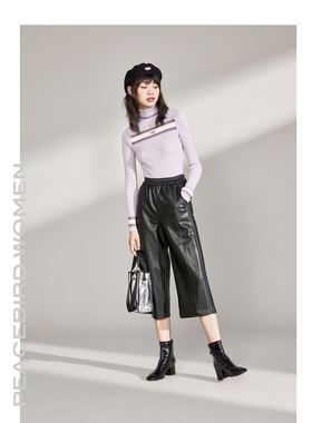 鸟家百搭口袋松紧腰烟管裤A4GB84107纯色紧身pu皮裤A4GB8410789