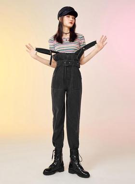 2021春秋A8FBA110890牛仔背收腰黑色休闲俏皮背带连体裤A8FBA1108