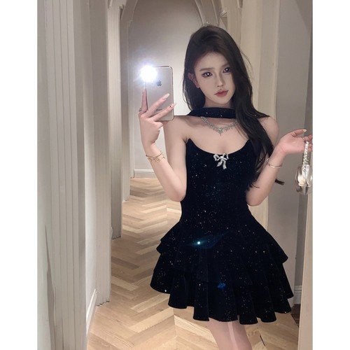 芭比小黑裙抹胸连衣裙女夏季新款碎闪丝绒公主裙生日party礼裙姨