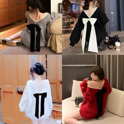 芭比蝴蝶结毛衣女圣诞秋冬新款宽松慵懒氛围感露背软糯套头上衣姨