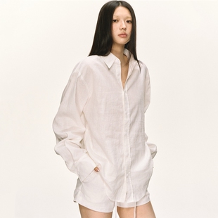 亚麻老钱风长袖白色衬衫套装女早秋慵懒宽松显瘦超短裤