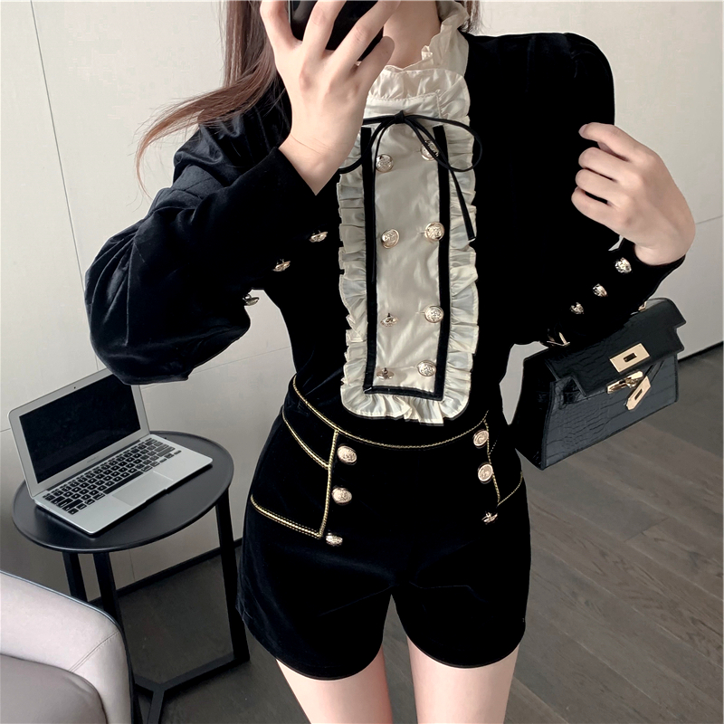 小香风丝绒名媛双排扣网红上衣