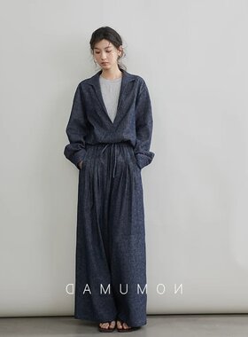 盛夏芬德拉郭宇欣同款亚麻棉牛仔套装假两件外套阔腿长裤
