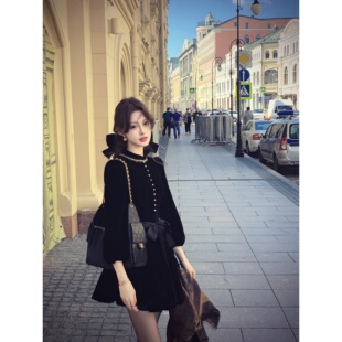 【伯拉德千金】赫本风黑色丝绒长袖连衣裙秋季