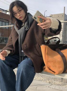 韩国设计师品牌25年新款秋冬麂皮绒大容量单肩包手提托特包