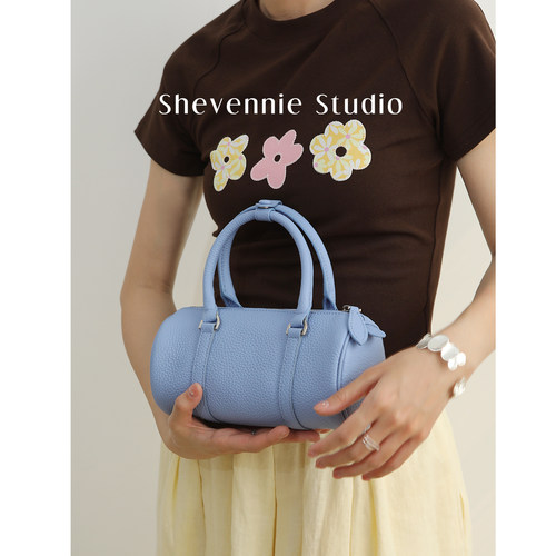 Shevennie2026小众头层牛皮保龄球包手提斜挎包圆筒形笔筒包小包