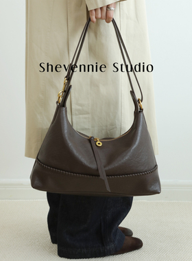 Shevennie2025秋冬复古头层牛皮手工真皮托特包hobo包斜垮腋下包