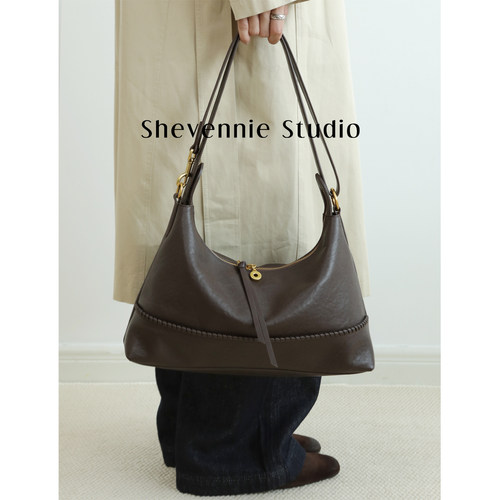 Shevennie2026春夏复古头层牛皮手工真皮托特包hobo包斜垮腋下包