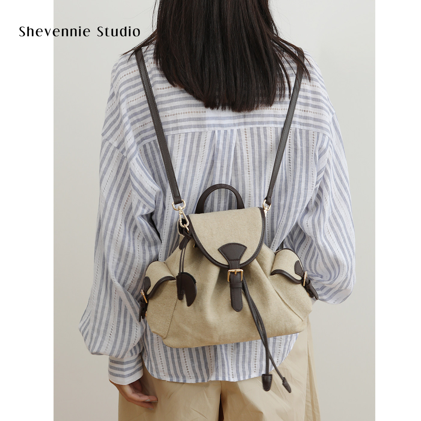 shevennie2026减龄学院风复古亚麻头层牛皮手提单肩休闲双肩背包