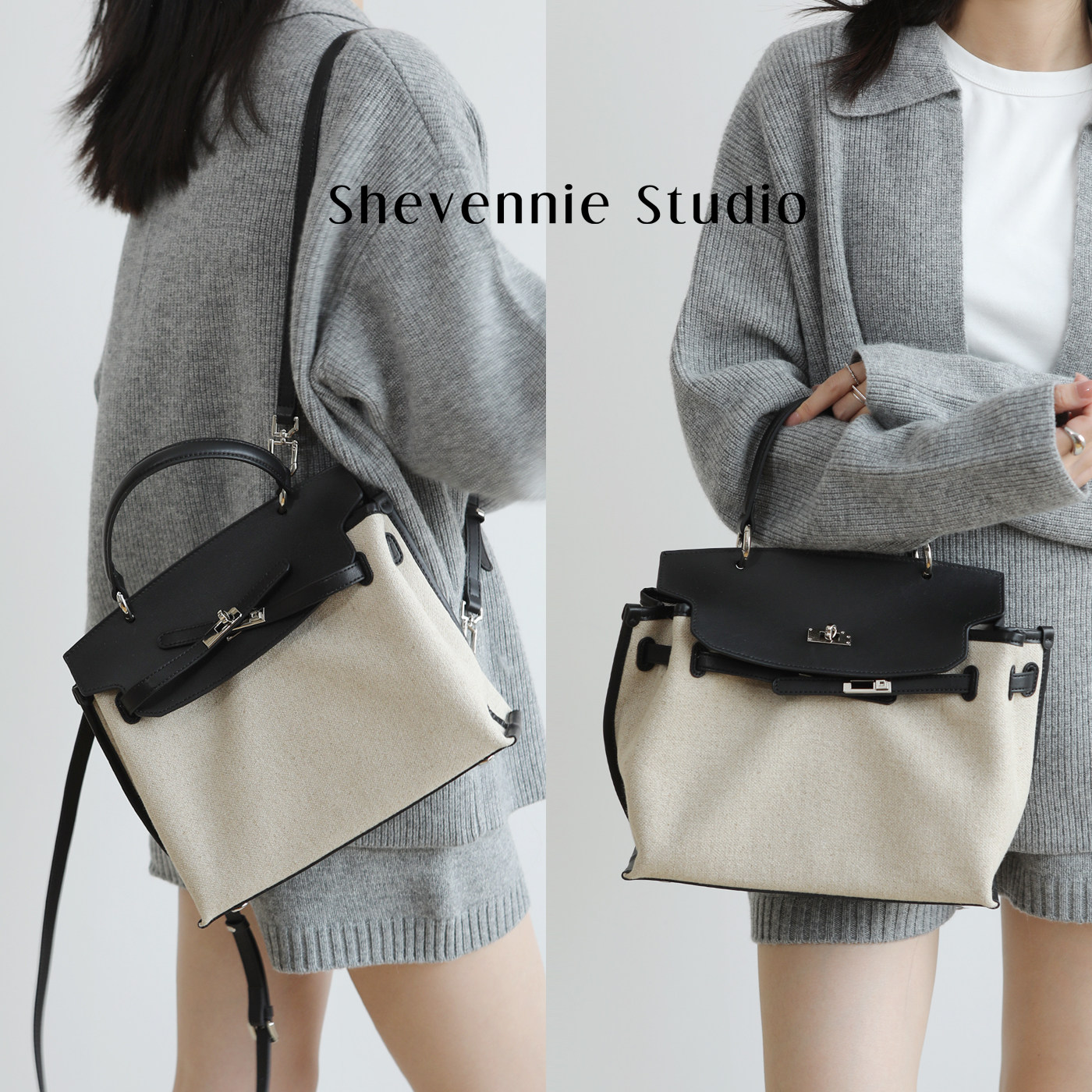 shevennie2026春夏新 亚麻布头层牛皮大容量手提单肩双肩包凯莉包