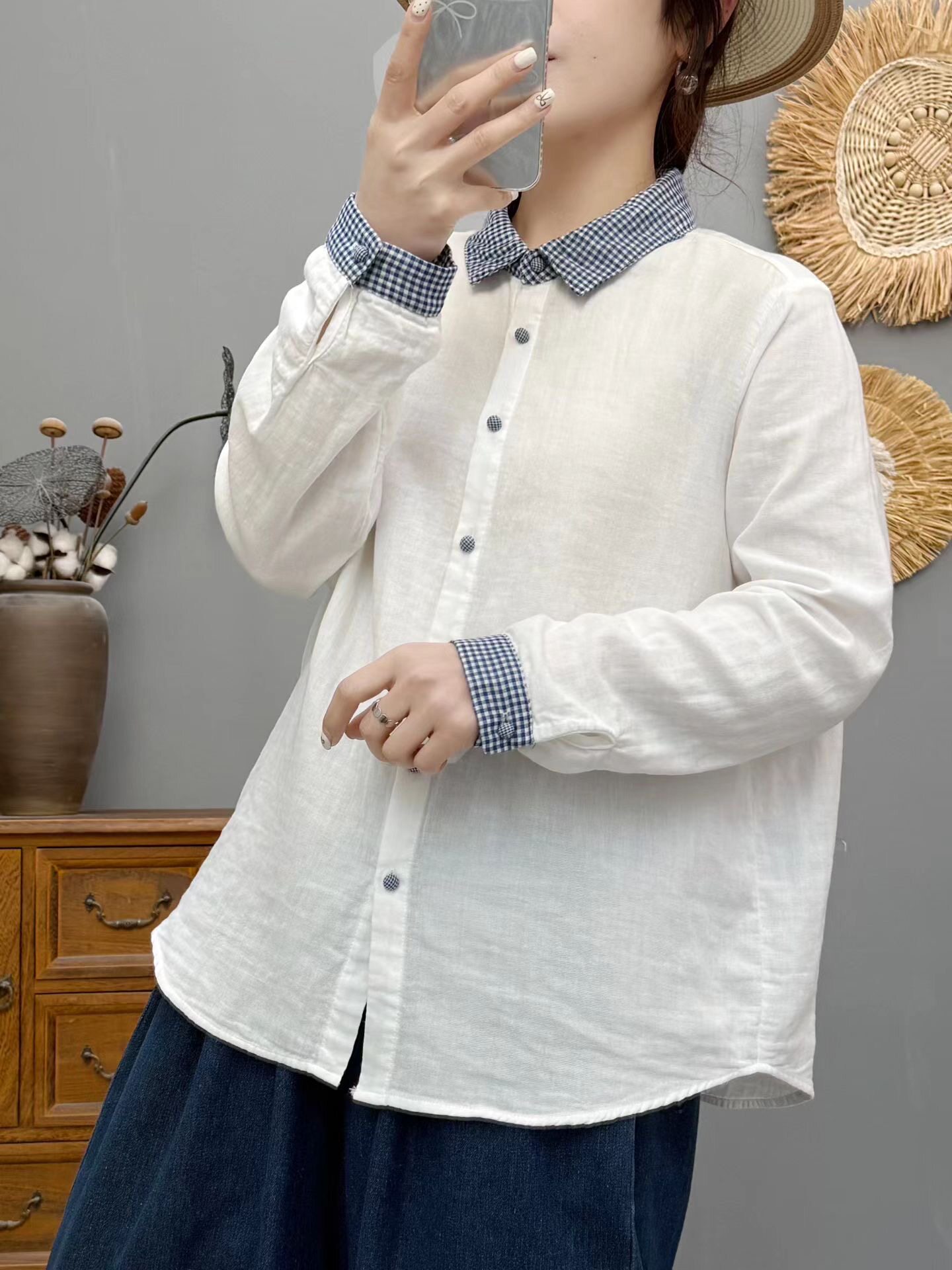 文艺双层纱长袖衬衫春装复古撞色格子领减龄显瘦衬衣女休闲百搭