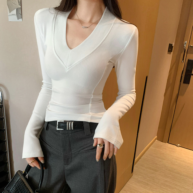 纯欲V领修身垫肩内搭打底衫女秋冬内搭可外穿高级感磨毛长袖上衣