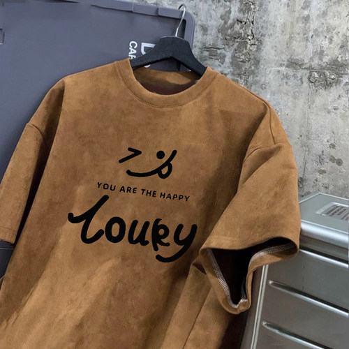 麂皮绒短袖t恤男士ins潮流宽松上衣服美式复古夏季新款情侣体恤衫